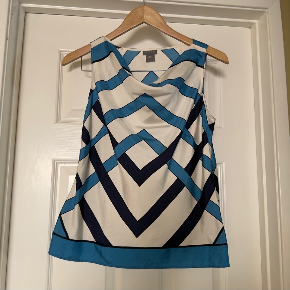 Ann Taylor 100% Silk Geometric Sleeveless Cowl Neck Blouse Top 6P Blue